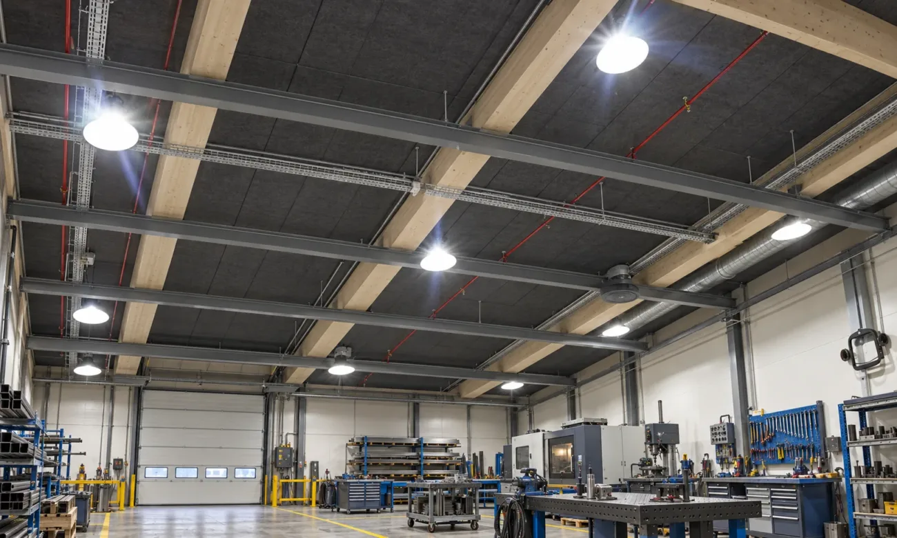 LED-highbays boven de werkbanken in een werkplaats